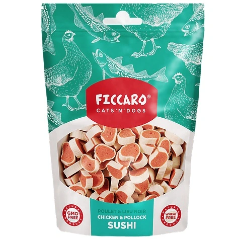 FICCARO Hundesnack Kylling og sej i sushi-form 100 g - lækre hundesnacks